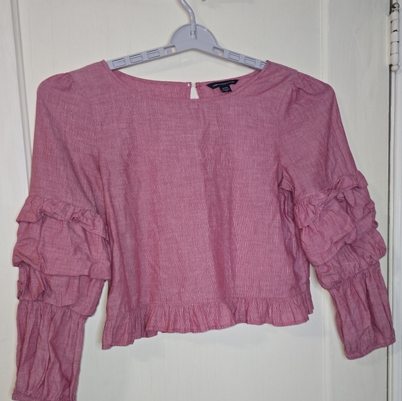 American Eagle Crop Peasant Top Red Boho Smocked Ruffle Sleeve Medium - Picture 4 of 9